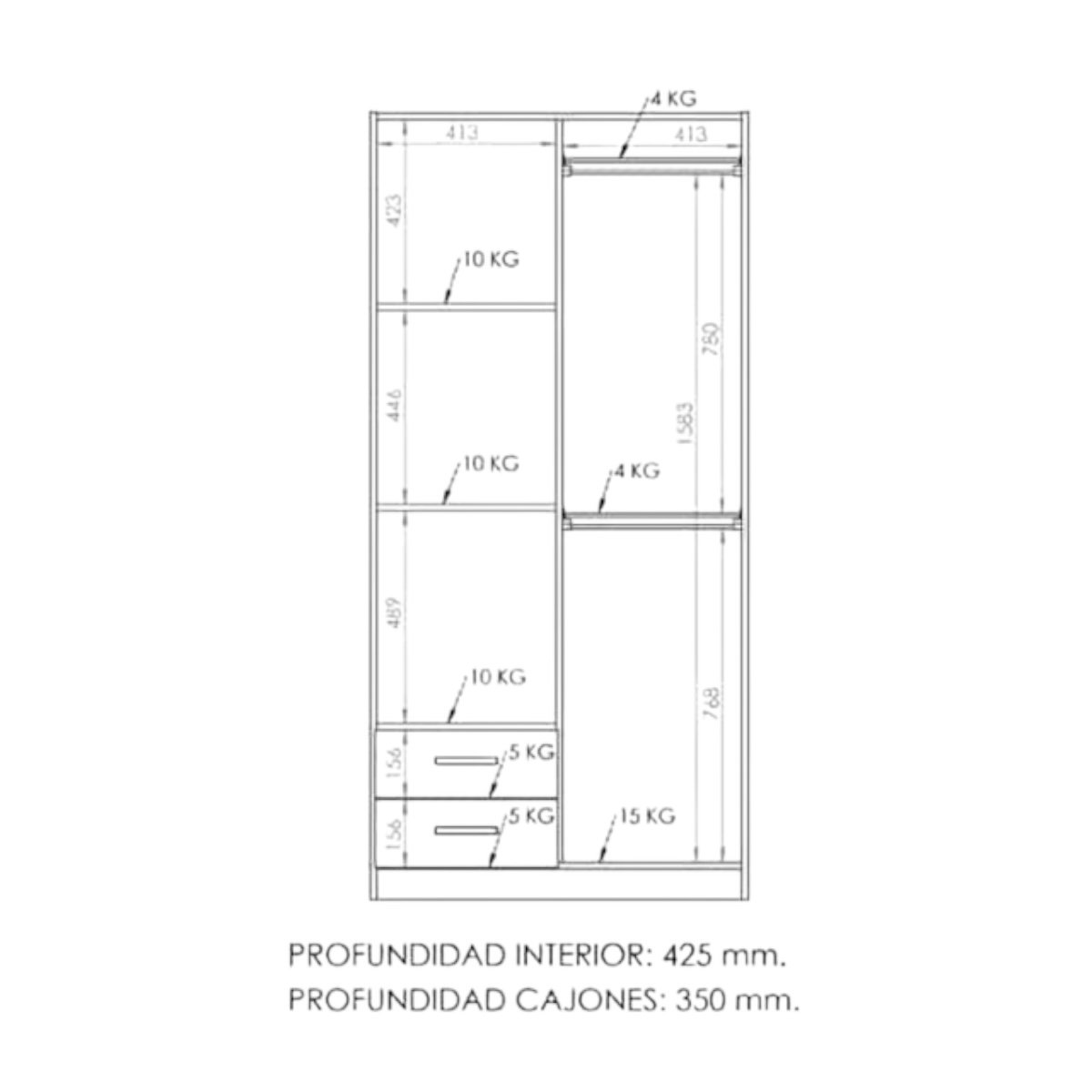 DIELFE PLACARD 2 PUERTAS DE ABRIR, ESTANTES Y 2 CAJONES PAC090 - Imagen 5