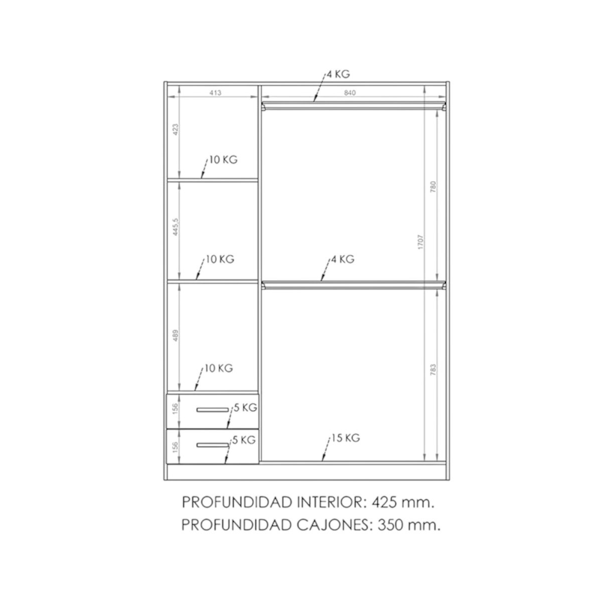 DIELFE PLACARD 3 PUERTAS DE ABRIR, ESTANTES Y 2 CAJONES PAC130 - Imagen 5