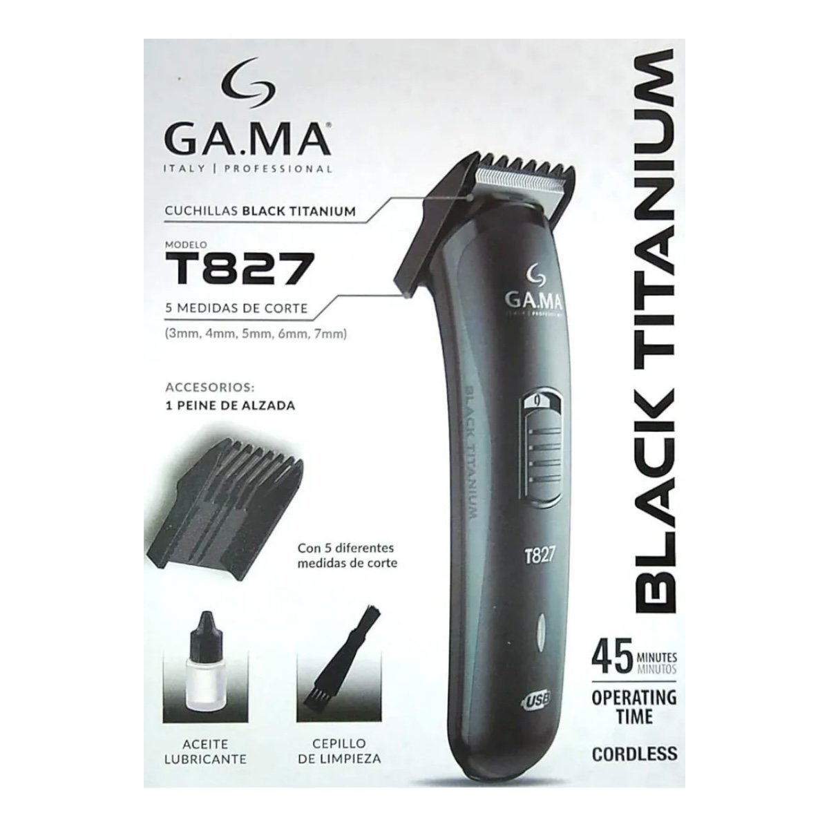 GAMA CORTADORA DE PELO BLACK TITANIUM CARGA USB TRIMMER T827 COLOR NEGRO - Imagen 5