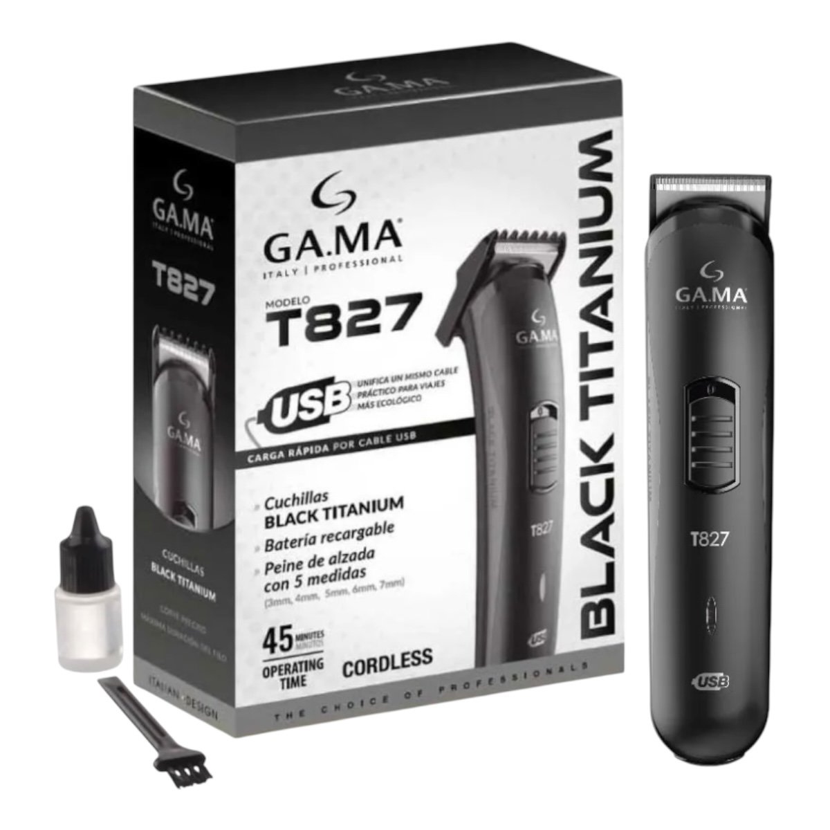 GAMA CORTADORA DE PELO BLACK TITANIUM CARGA USB TRIMMER T827 COLOR NEGRO - Imagen 4
