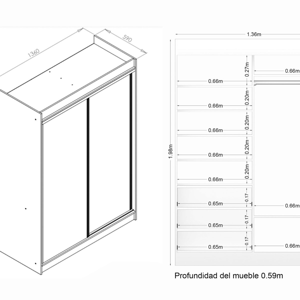 VESTIDOR 2 PUERTAS CORREDIZAS 1.40X2.00Mts 520-HE CORSA - Imagen 6