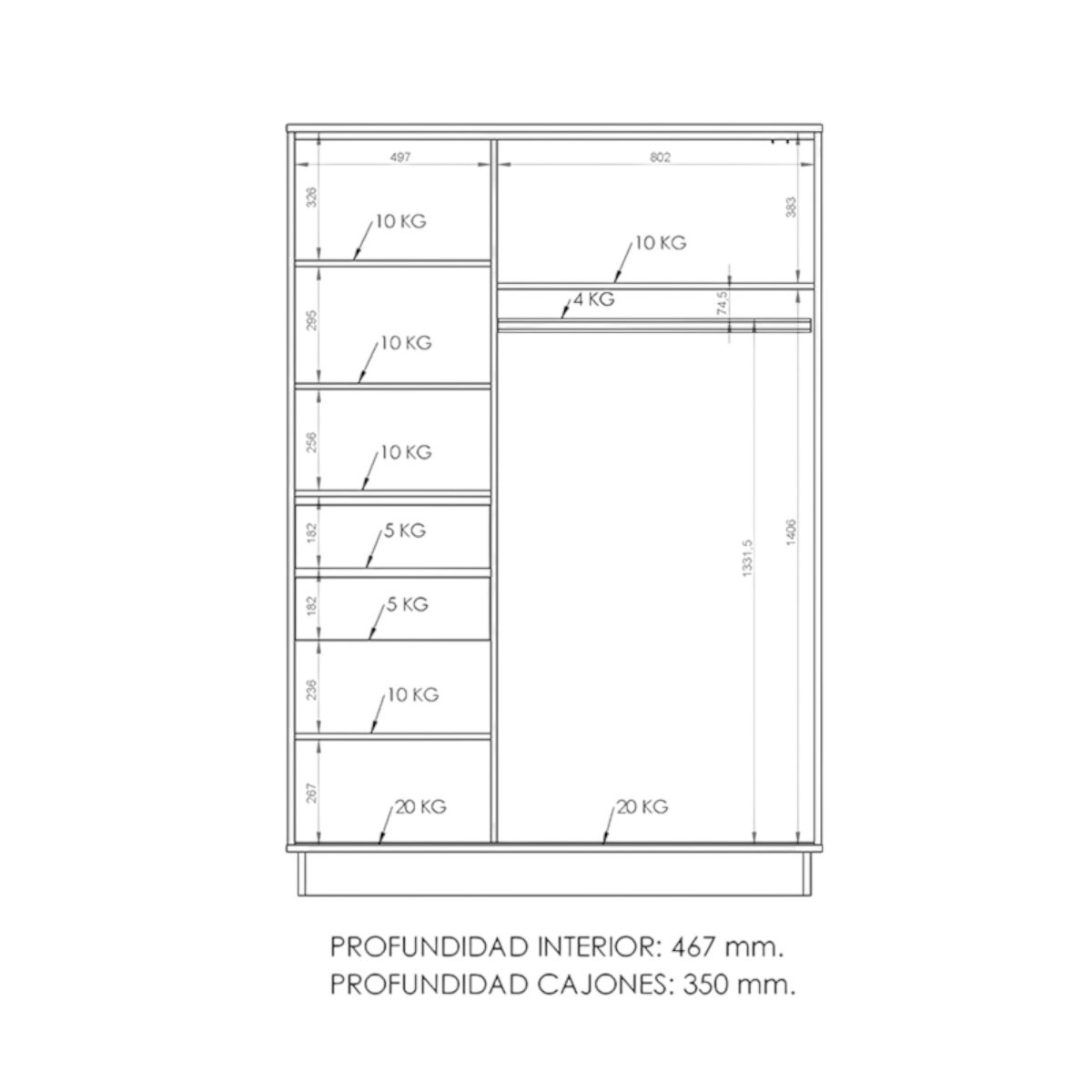 DIELFE PLACARD 2 PUERTAS CORREDIZAS 1,35Mt PE135 - Imagen 5